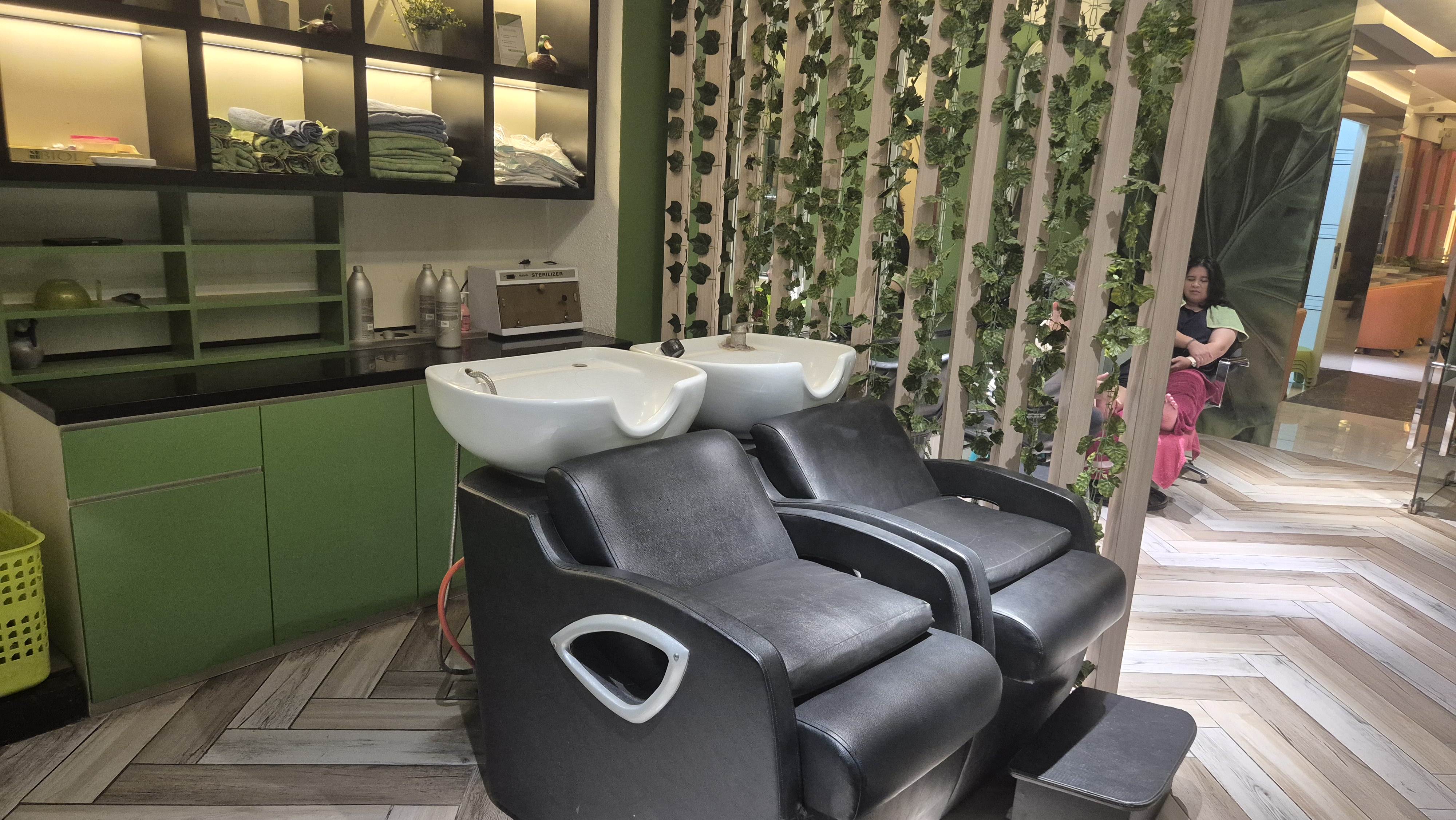 Salon interior with green decor